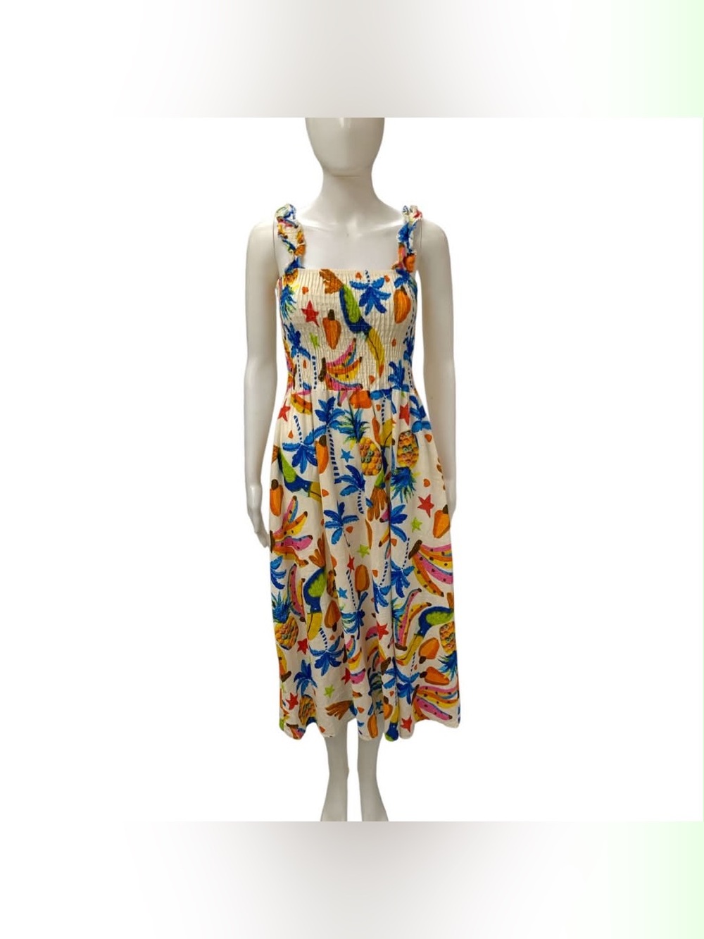 Bellambra Smocked Tropical Fruit & Floral Midi Dress - Multicolor Size S